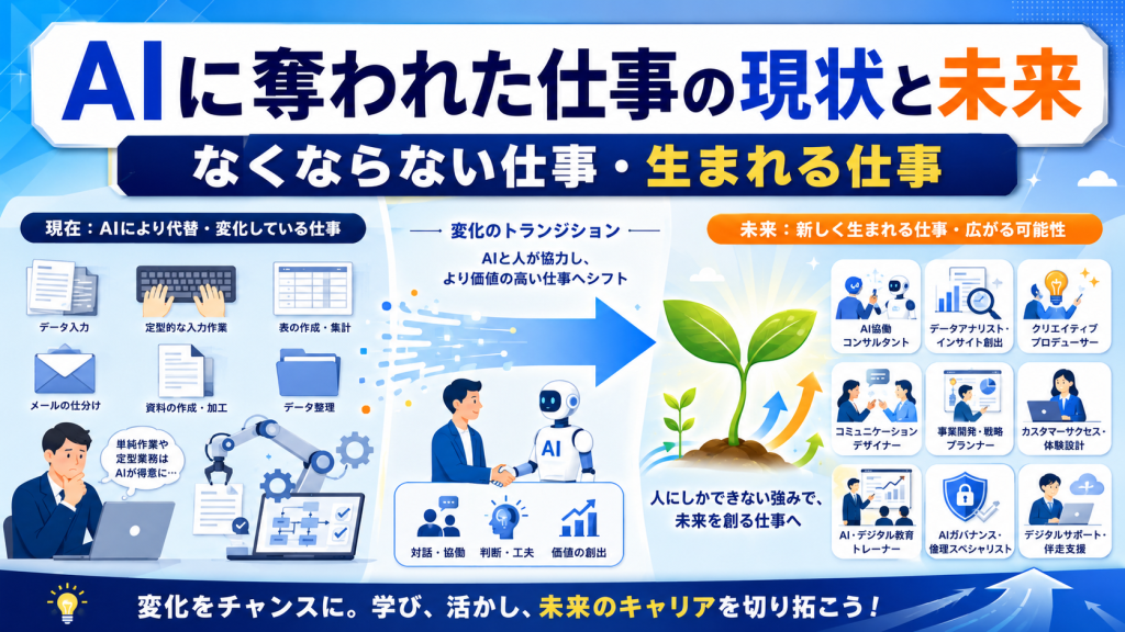 AIに奪われた仕事の現状と未来、なくならない仕事や生まれる仕事を解説したアイキャッチ画像