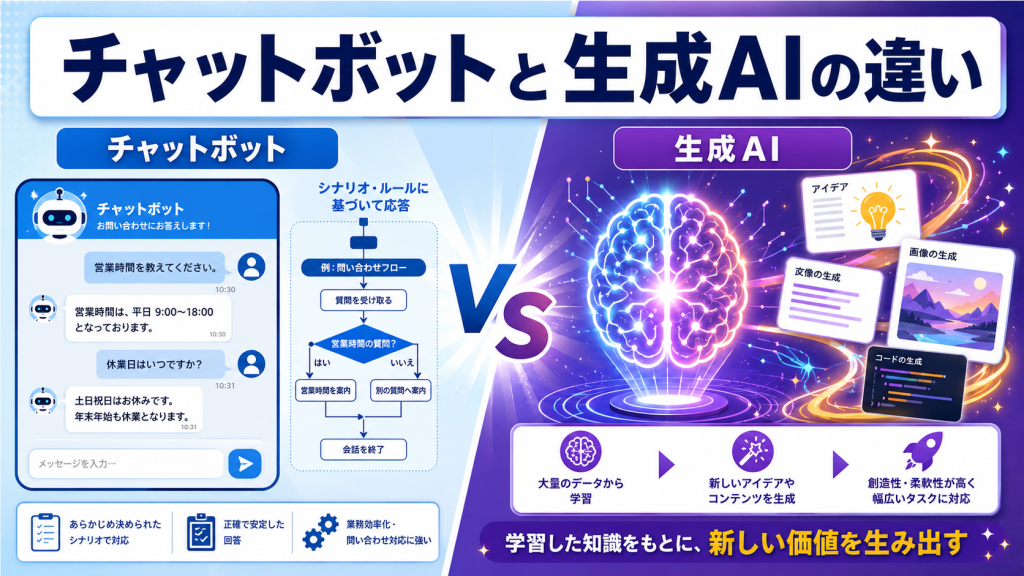チャットボットと生成AIの違いを仕組みや活用事例、導入メリットから解説したアイキャッチ画像