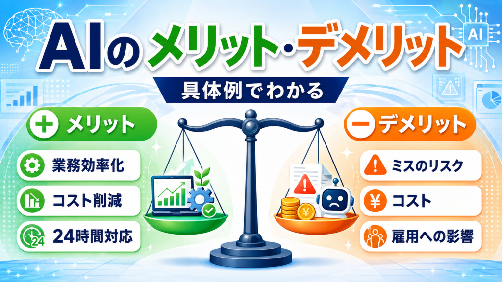 AIのメリット・デメリットを具体例付きで業務効率化と注意点から解説したアイキャッチ画像