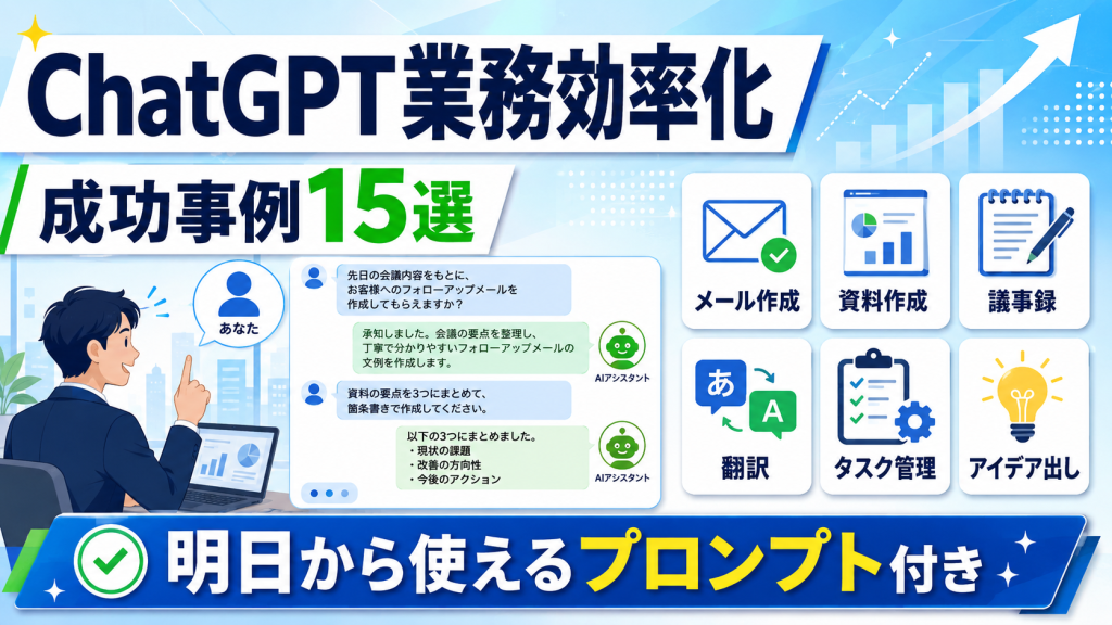 ChatGPT業務効率化の成功事例15選と明日から使えるアイデアやプロンプトを解説したアイキャッチ画像
