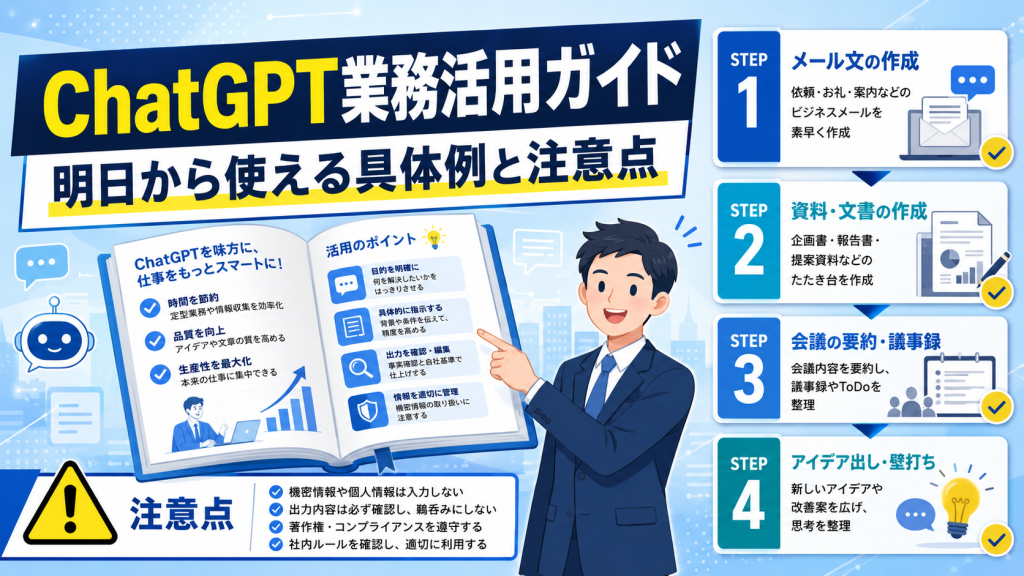ChatGPTの業務活用ガイドと明日から使える具体例や導入の注意点を解説したアイキャッチ画像