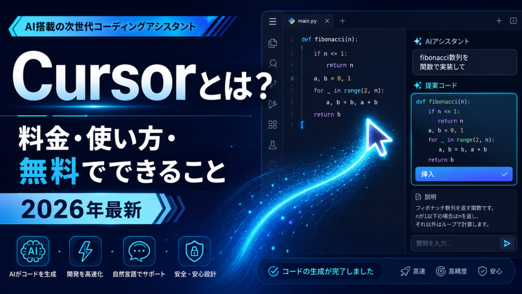 Cursorの料金や使い方、無料でできることをやさしく解説するアイキャッチ画像
