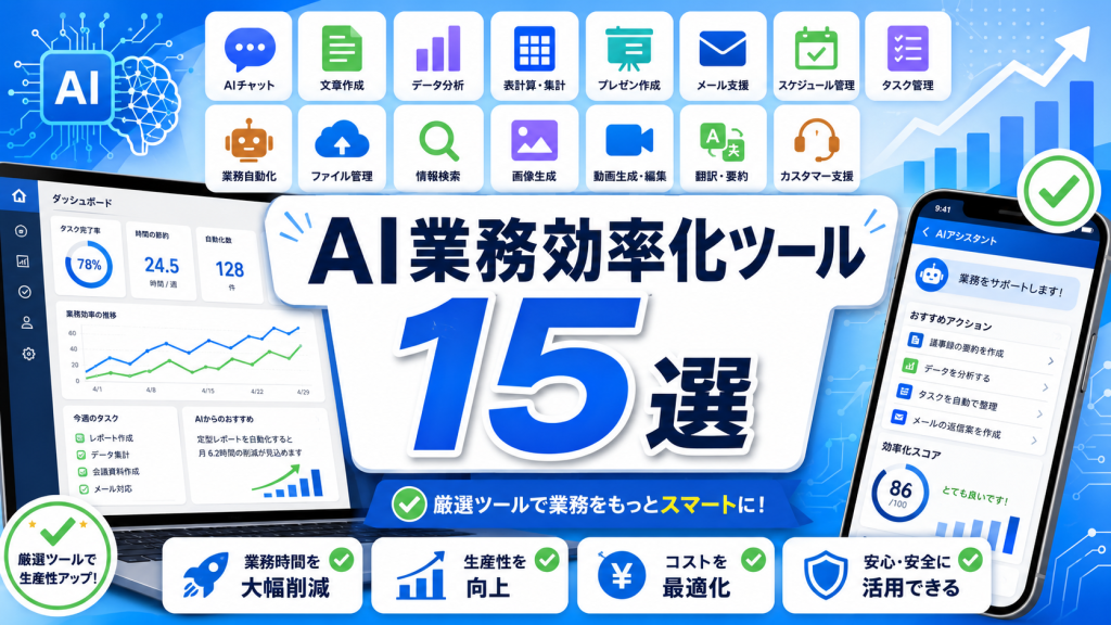 AI業務効率化ツール15選の選び方や無料・生成AI活用事例を解説したアイキャッチ画像